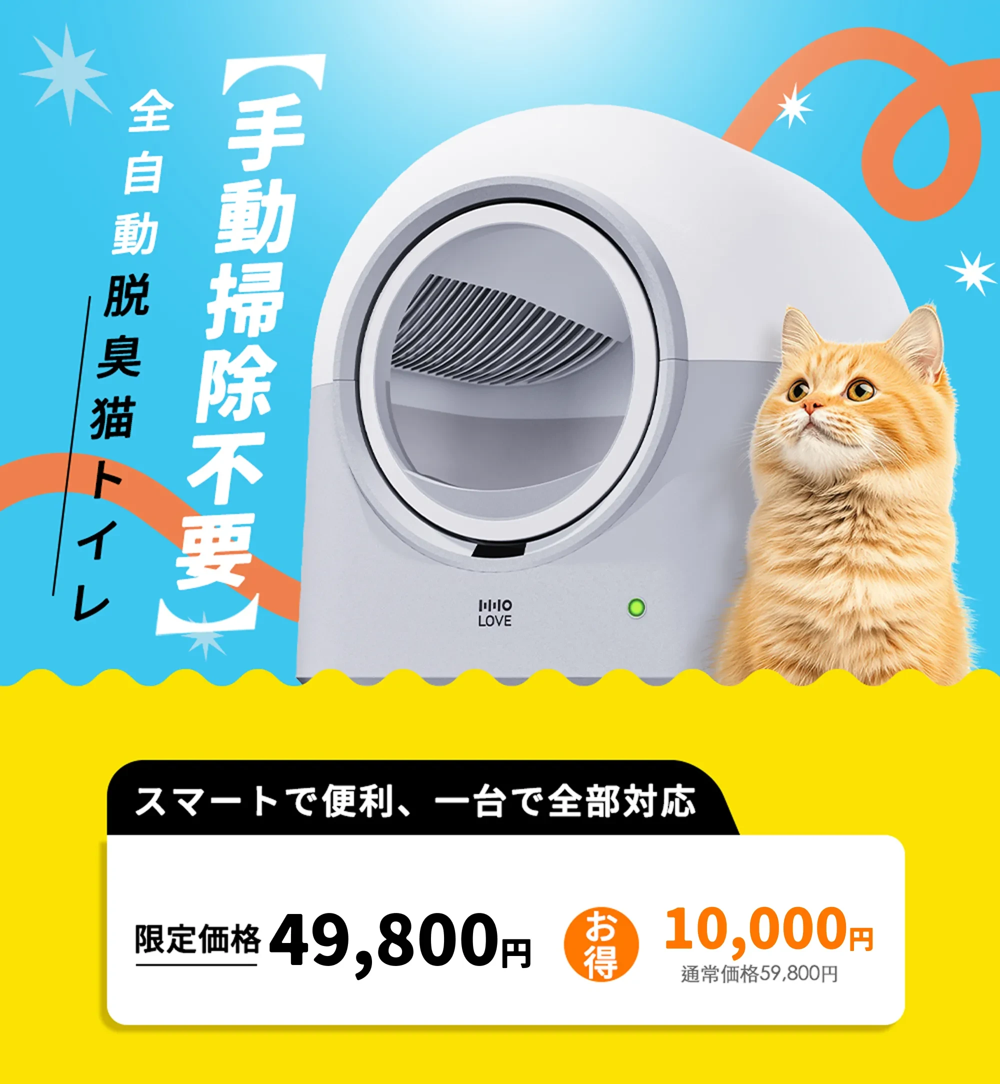 猫用【全自動猫トイレ】ドーム型ホワイト 約52×54×60cm 中古