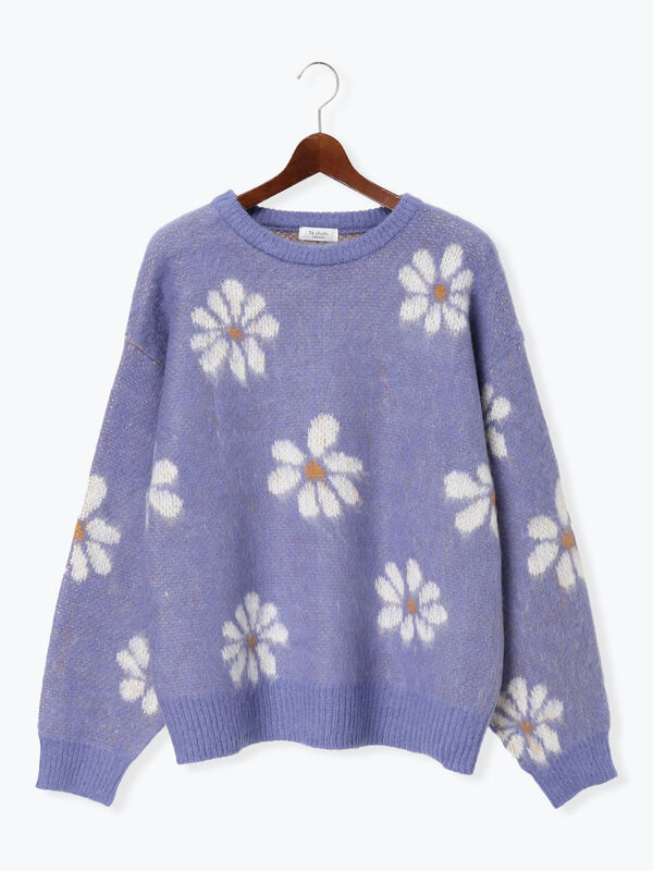 セール】 起毛花柄ジャカードニットプルオーバー（グレー/ブラック