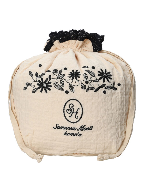 セール】 Wガーゼ刺繍巾着ポーチ（ブルー/キナリ/バッグ/バッグ