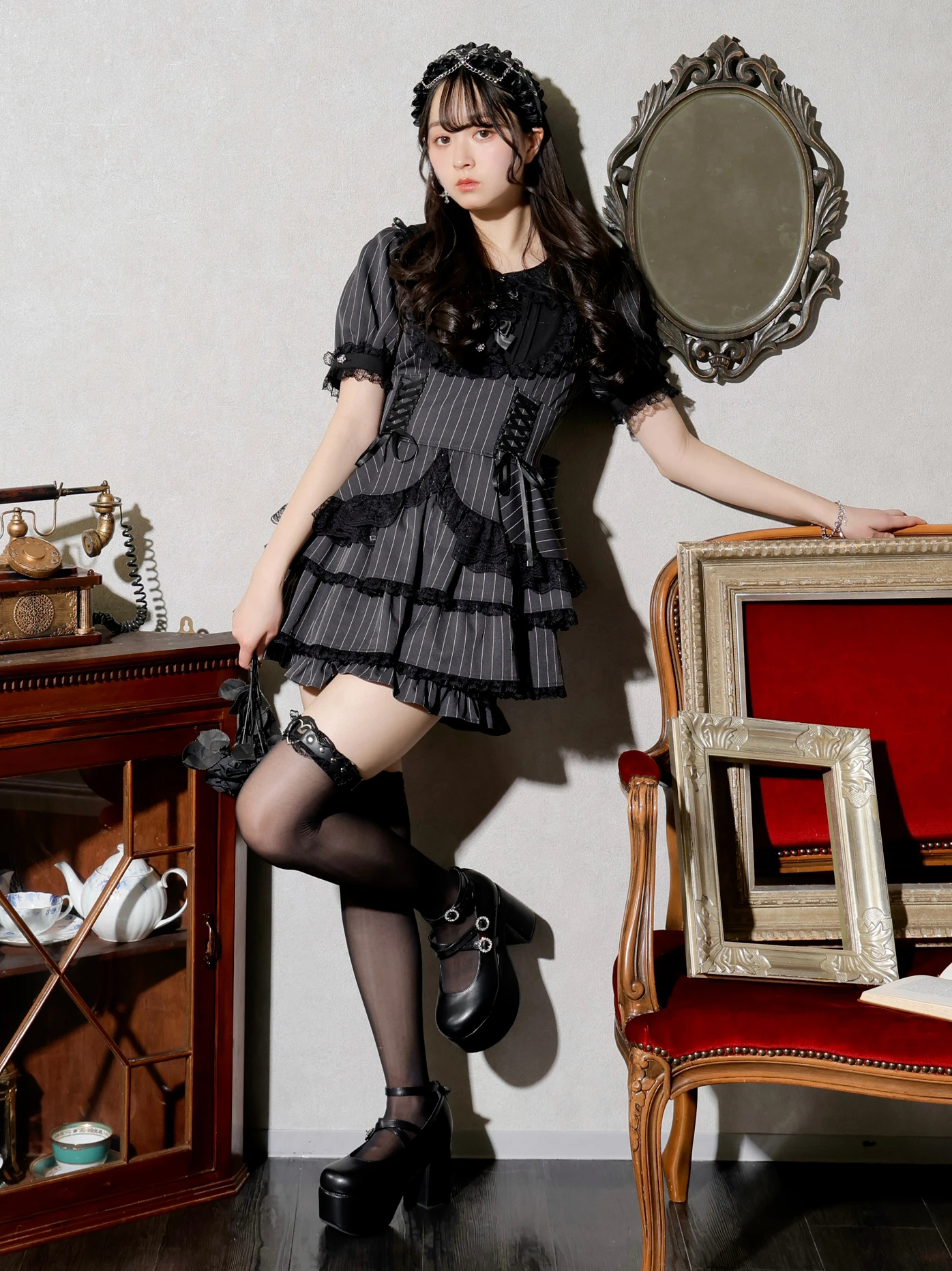 ゴシックローズリボンティアードセットアップ（セットアップ｜グレー