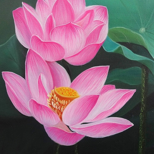 中尊寺ハスの花咲く」 油彩画・油絵