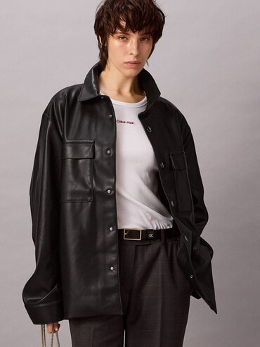 シャツジャケット - ロングスリーブフェイクレザーシャツジャケット