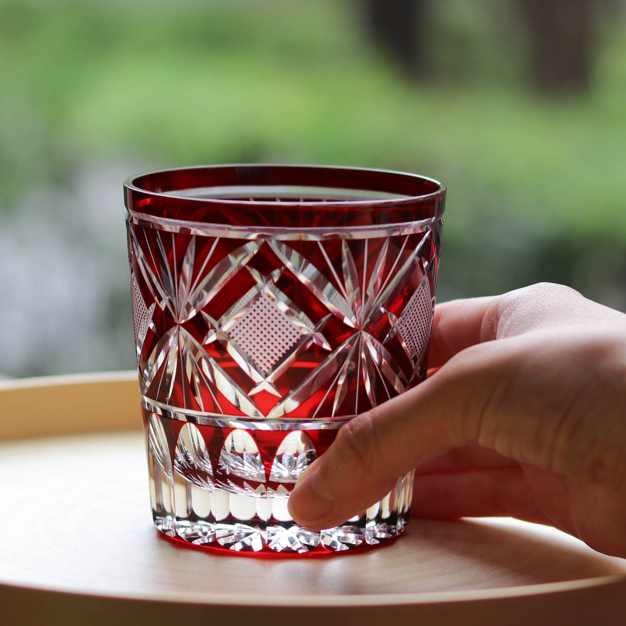 アンティーク赤色切子ガラス花模様 江戸切子 クリスタルガラス ロック