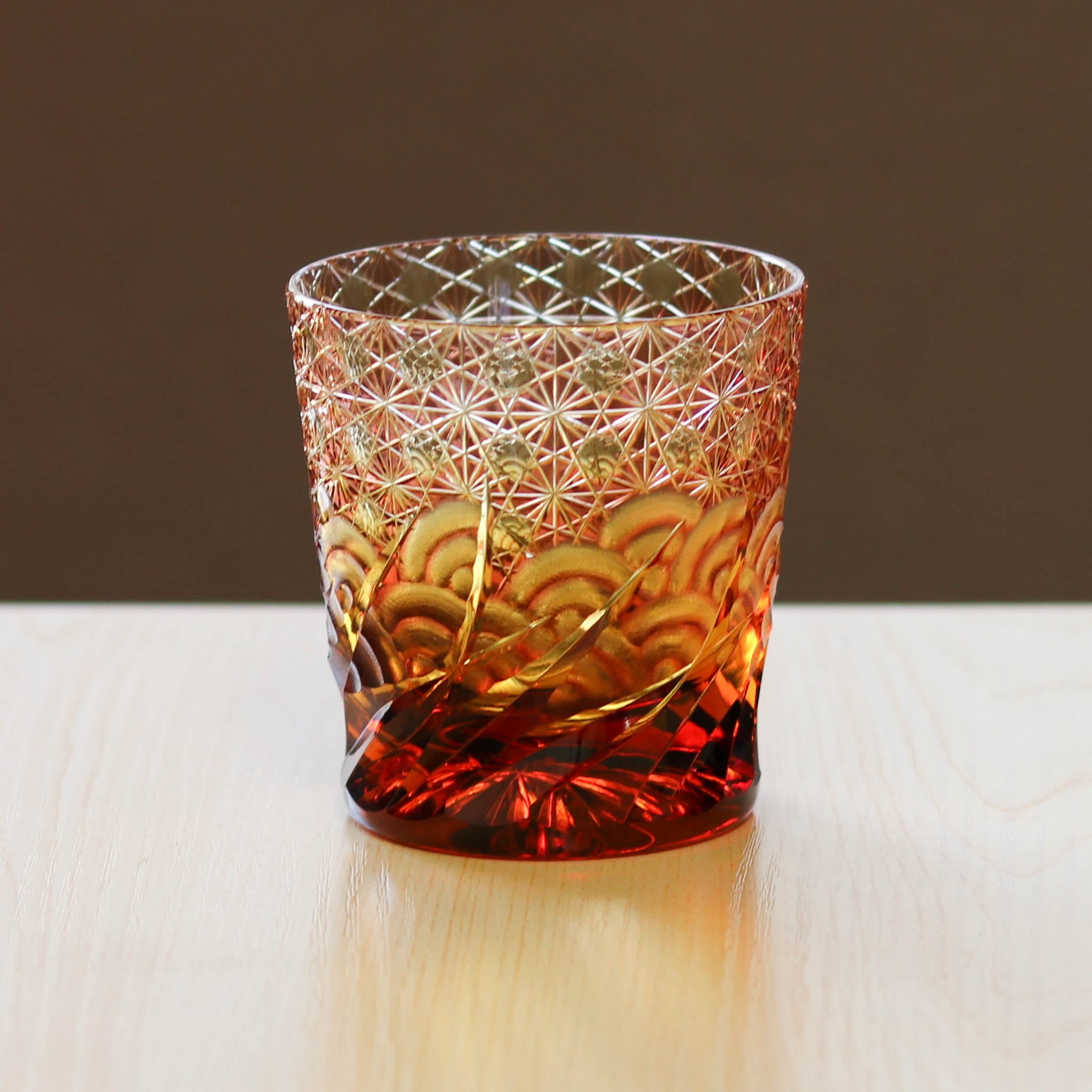 江戸切子 ロックグラス | 漣 | 琥珀 金赤 | 山田硝子