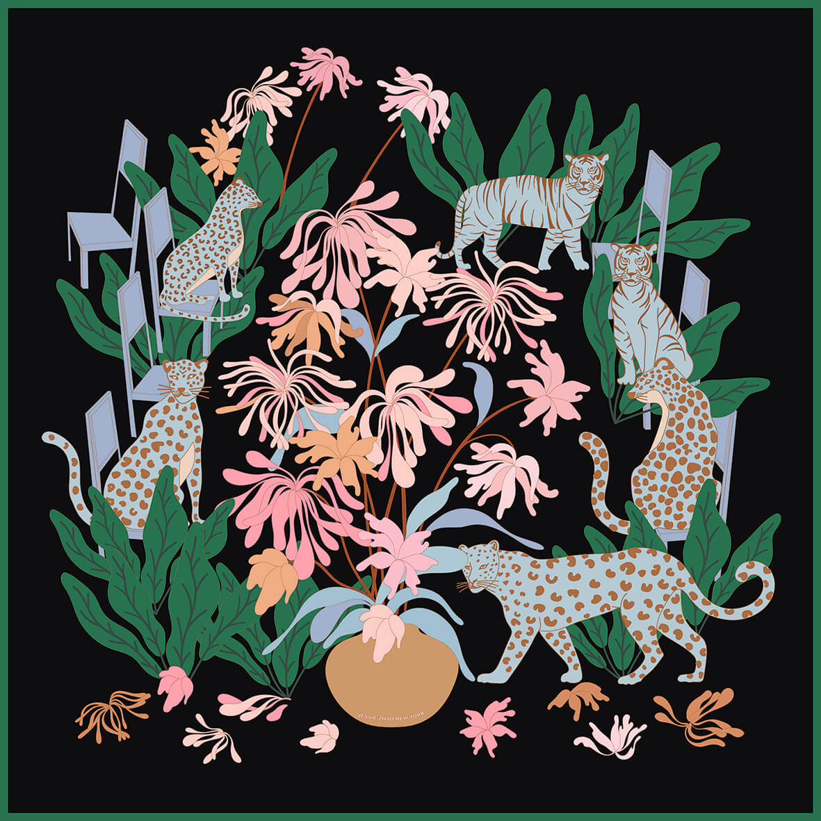 Double Sided Silk Scarf Night Jungle Gathering