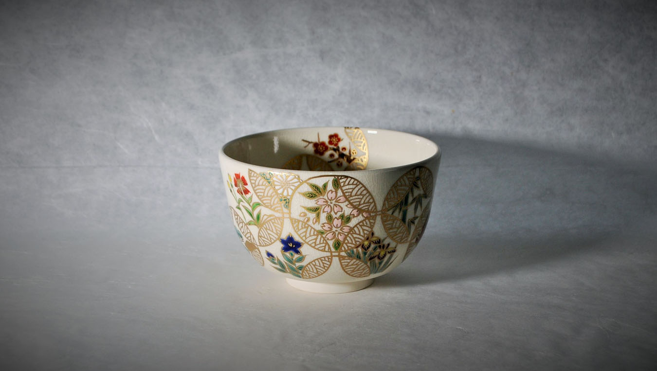 抹茶茶碗、共箱入、乾山写、雛人形、紫雲作、3番 抹茶茶碗、共箱入