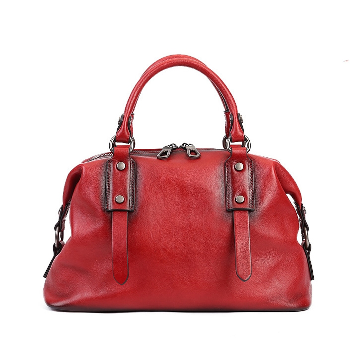 レトロ 品質 本革 レッド ボストン バッグ 旅行 出張 ハンド バッグ