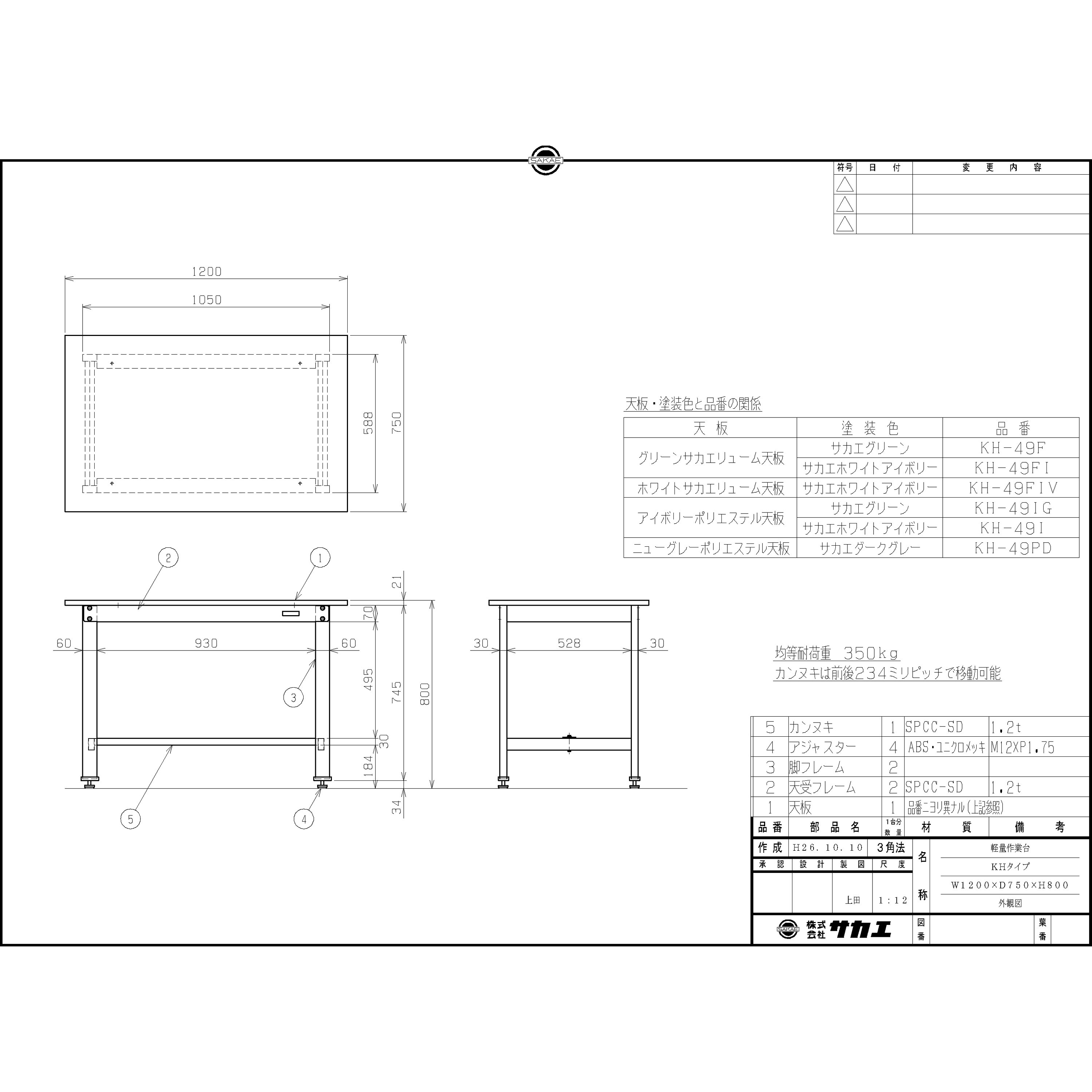 KH-49F 軽量作業台(KHタイプ/耐荷重350kg/サカエリューム天板/H800
