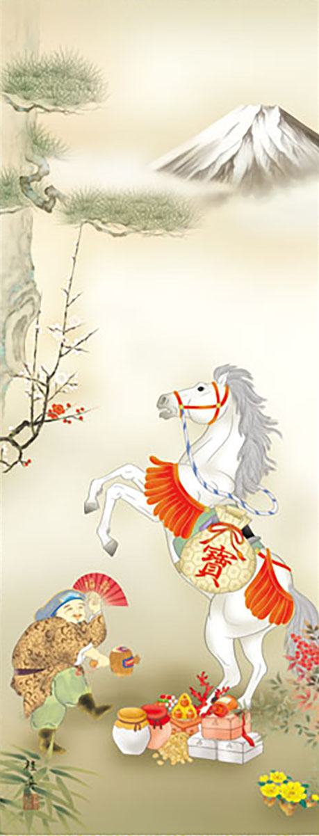 O-20 梅 掛軸 吉祥 縁起物 楽天市場】掛け軸【縁起画：吉祥七福満願図