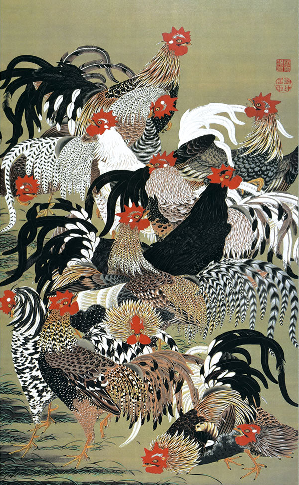 100】「一家全慶」 佐藤純吉作 掛軸 にわとり 100】「一家全慶」 佐藤