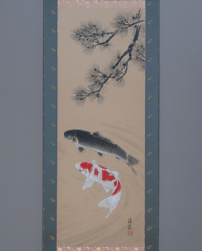 掛け軸森島清泰水墨山水桐箱尺八立美品