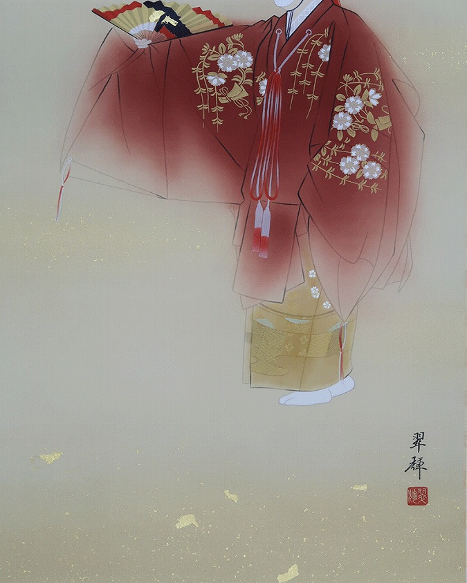 美品 掛け軸 金武翆輝作 吉祥 富貴花図 共箱 美術年鑑掲載 太巻き付 美