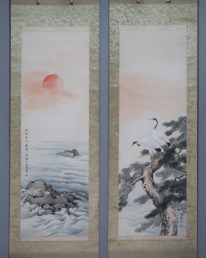 模写/久隅守景/蓬莱山図/双幅/布袋屋掛軸HE-219 模写/久隅守景/蓬莱