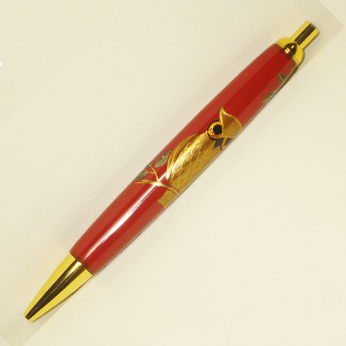 輪島塗 ボールペン -ふくろうの蒔絵仕上げ- [朱色] 梨地、螺鈿(ラデン