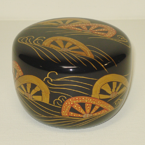 輪島塗 平棗 -波車の蒔絵仕上げ- [黒色] 小形、梨地、切り金入り｜輪島