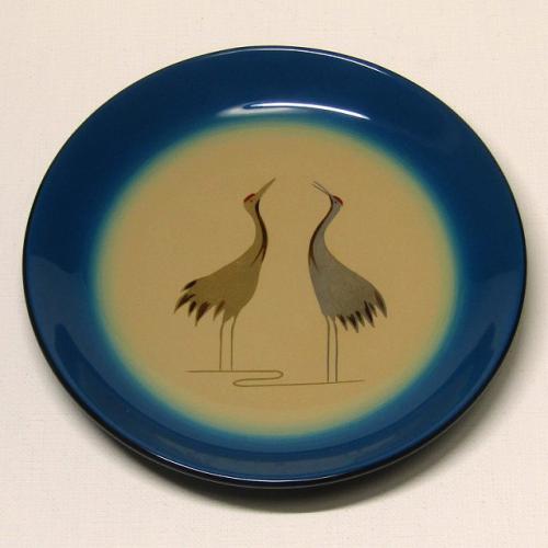 輪島塗 銘々皿 丸形 -立ち鶴の蒔絵仕上げ- [青色(外)・白色(中)の