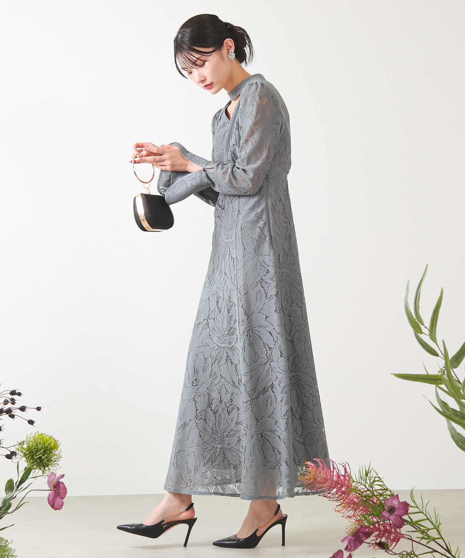 レース バックオープン ティアドロップ ワンピース ドレス