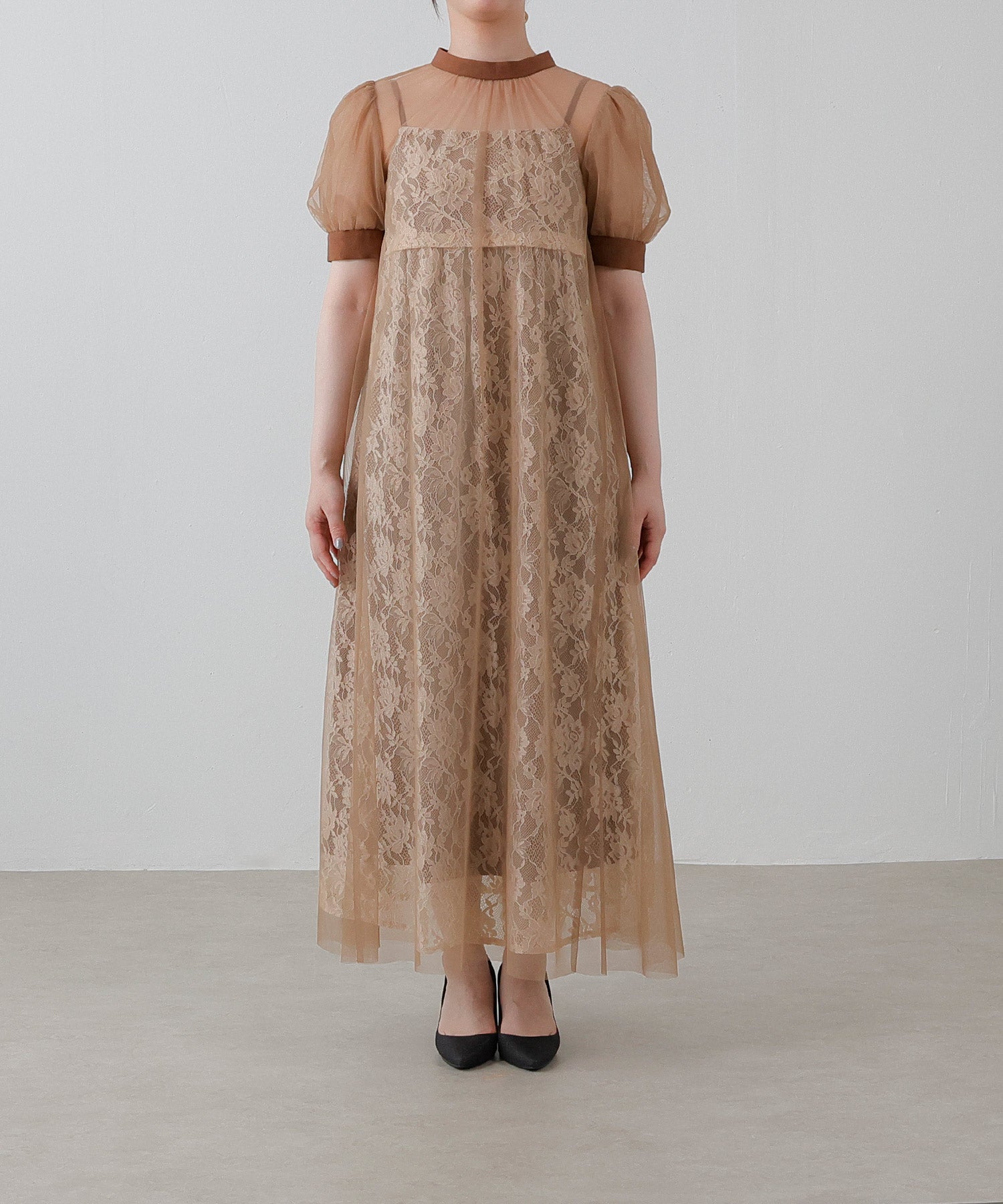 チュール バック リボン レースキャミワンピ 2点セット