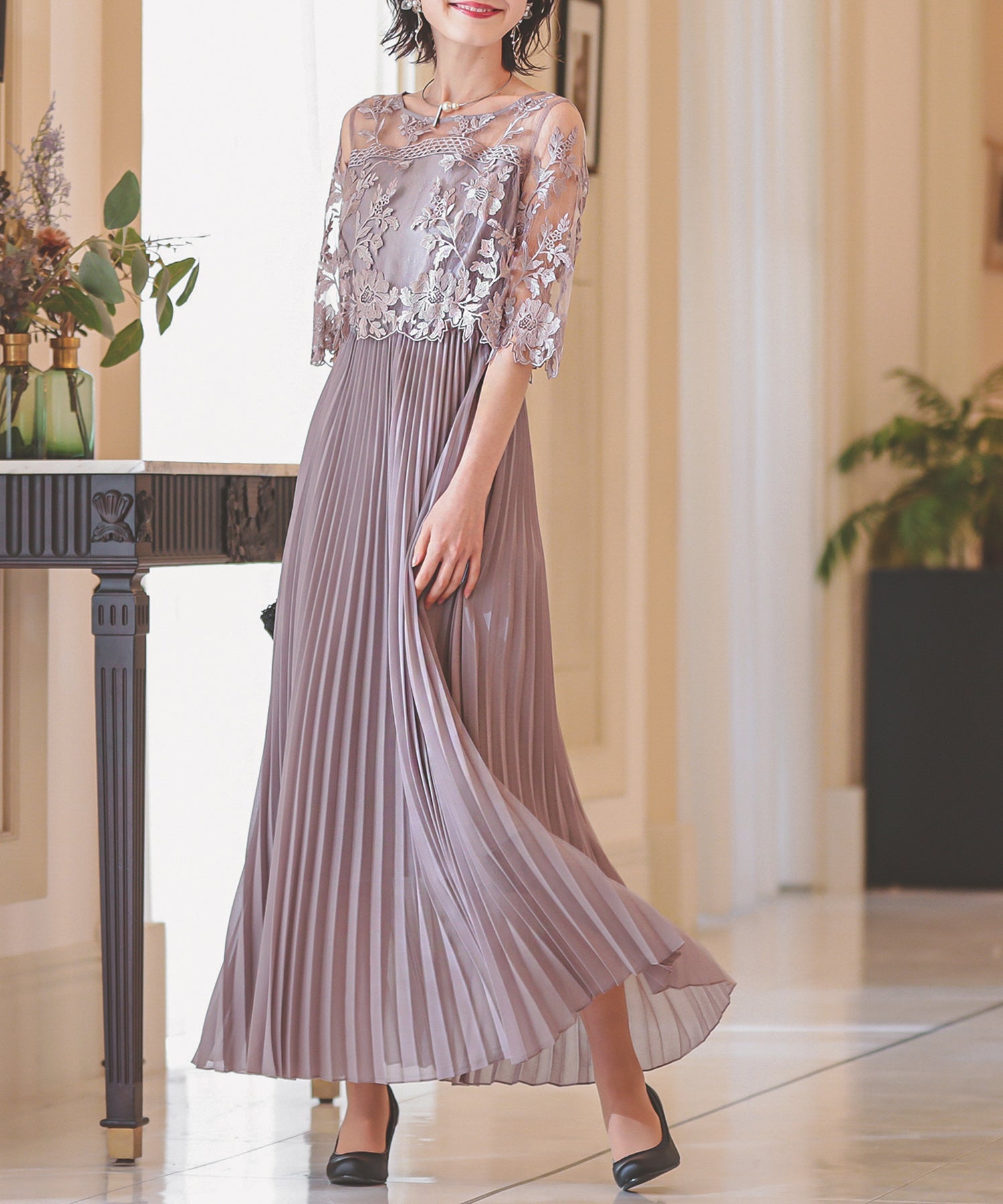 フラワー刺繍レース 切り替えプリーツロング パーティードレス