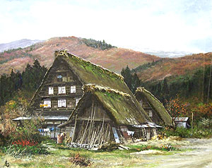 リトグラフ 版画 林喜一郎 150/95 伝統的な日本の家屋 95/150