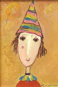 塙賢三「花と道化」油彩SM