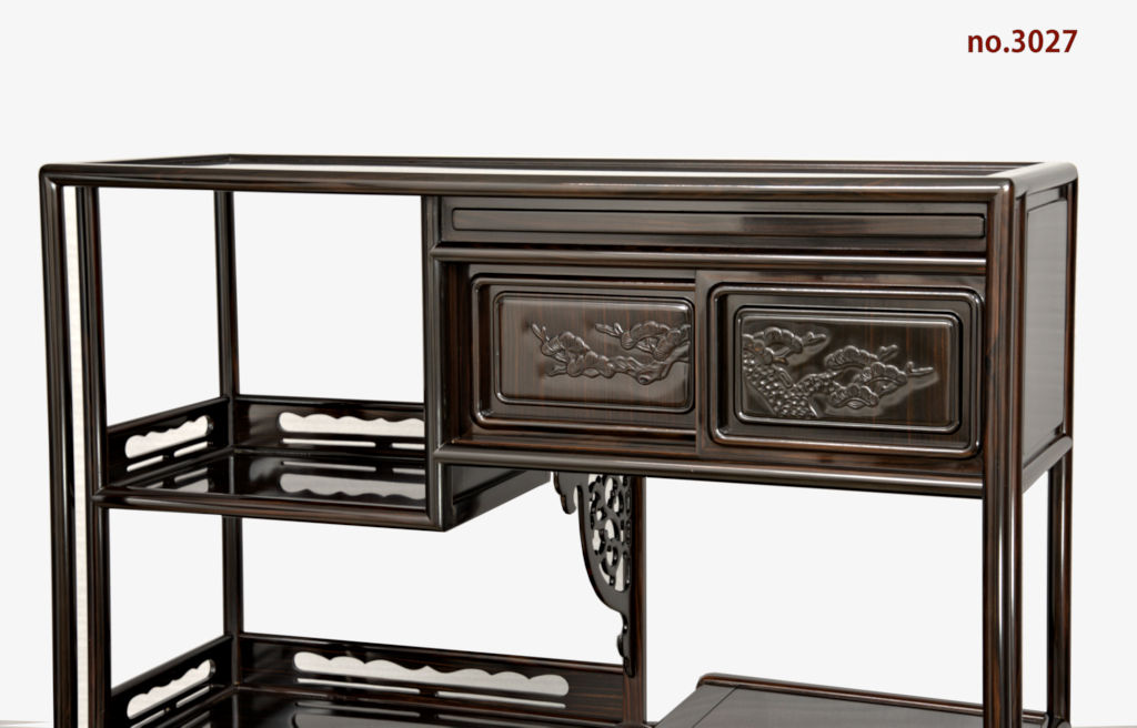 飾り棚 :黒檀 隅丸 4枚戸 彫り入り 3.5尺棚 no.3027 / 唐木家具OSAKA