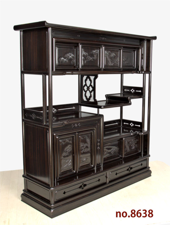 飾り棚:黒檀 8枚戸 筆返し 4尺棚 (これから仕上げ品) no.8638 / 唐木