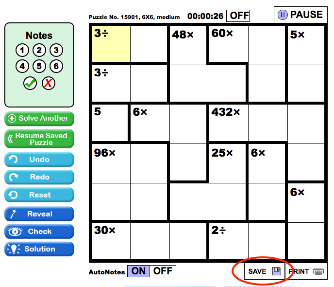 Can I save a puzzle that I haven't finished? – KenKen Puzzle