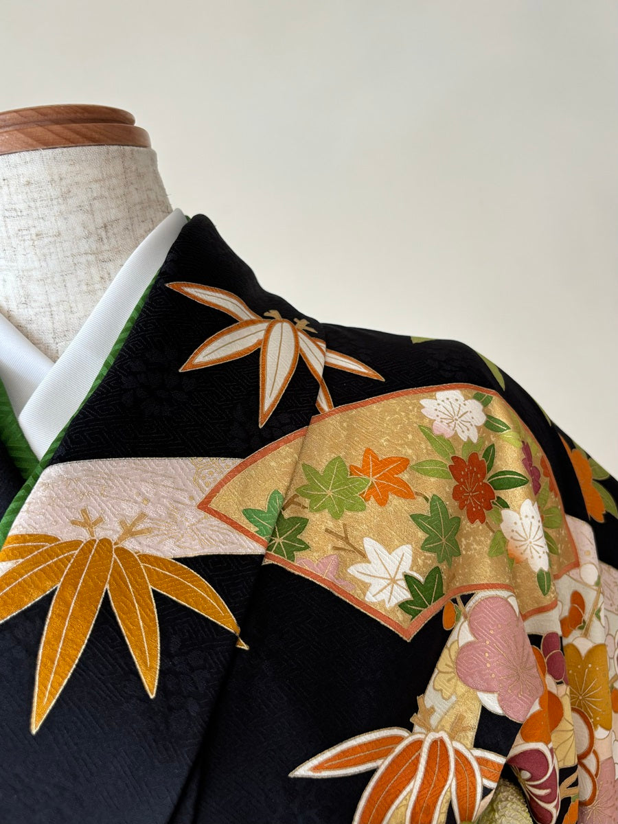 K0687 正絹 振袖 レンタル店放出品 黒色 ガード加工 古典柄 13号