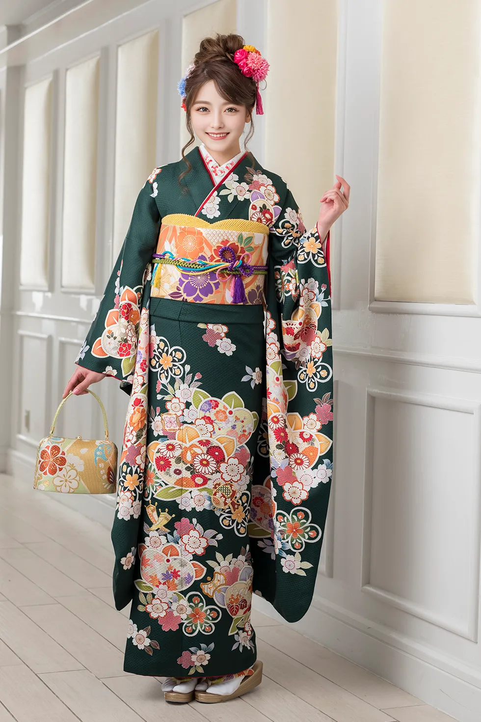 深緑桜と橘［FS0780］ - 成人式振袖レンタル・販売のふりそでエイト