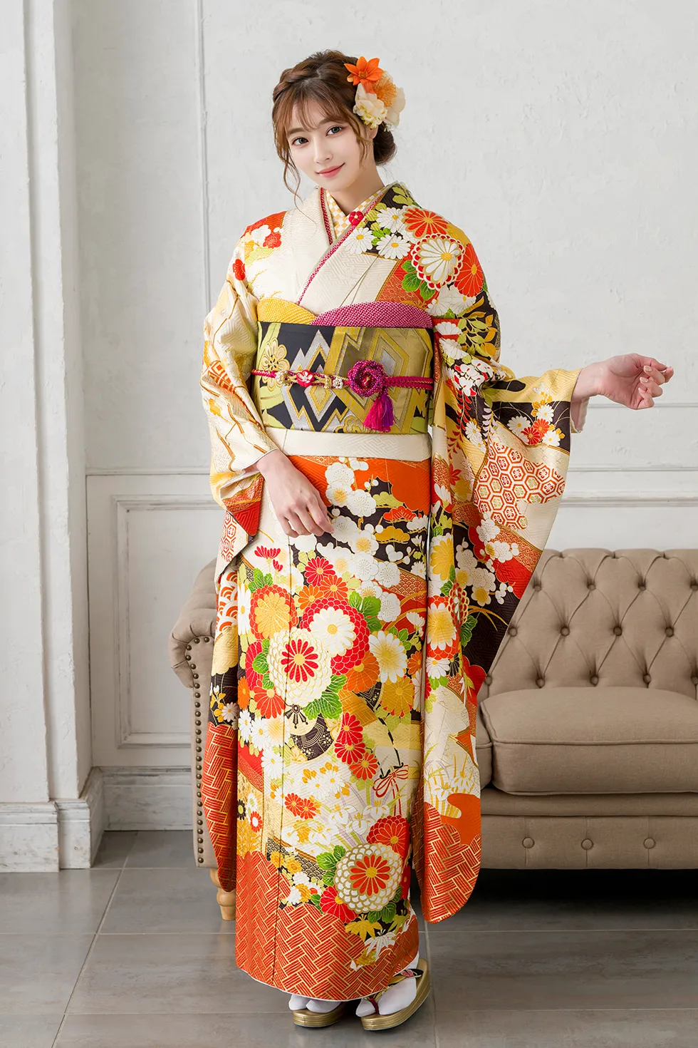 オレンジ市松に桜［FS0899］ - 成人式振袖レンタル・販売のふりそでエイト