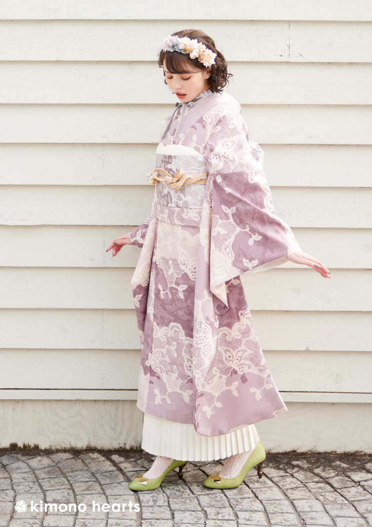 振袖ネットレンタル：くすみピンク】洋風なピンクレースのデザイン/KH