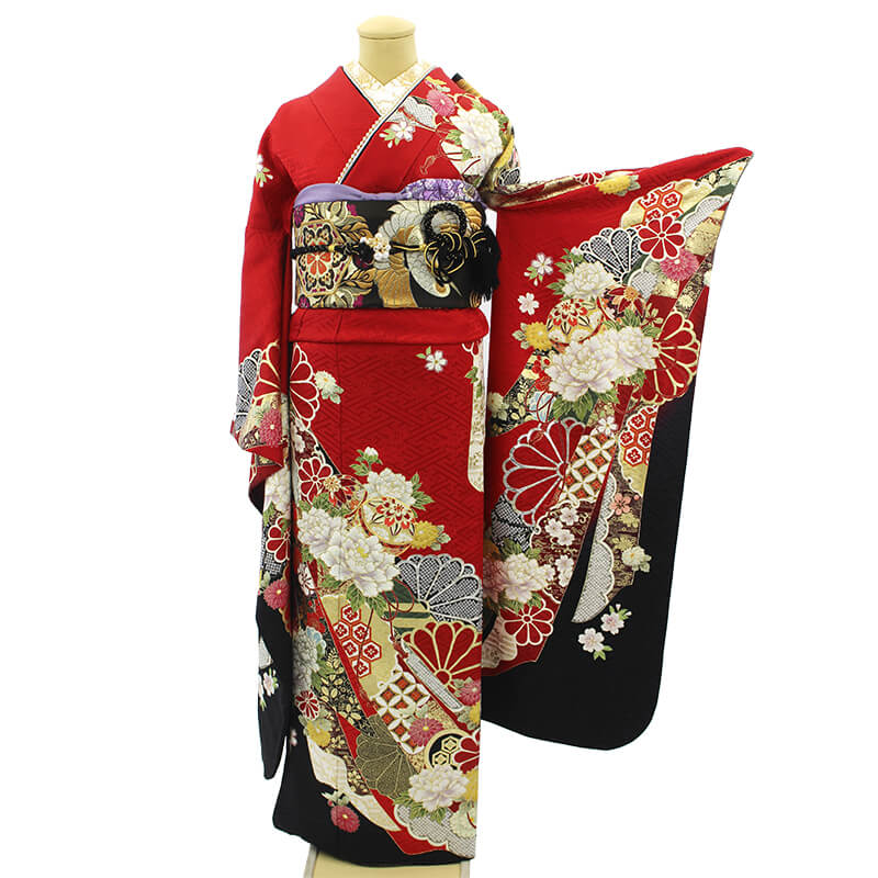 振袖 赤黒金牡丹【Lサイズ相当】古典 振袖レンタル｜成人式｜振袖 赤