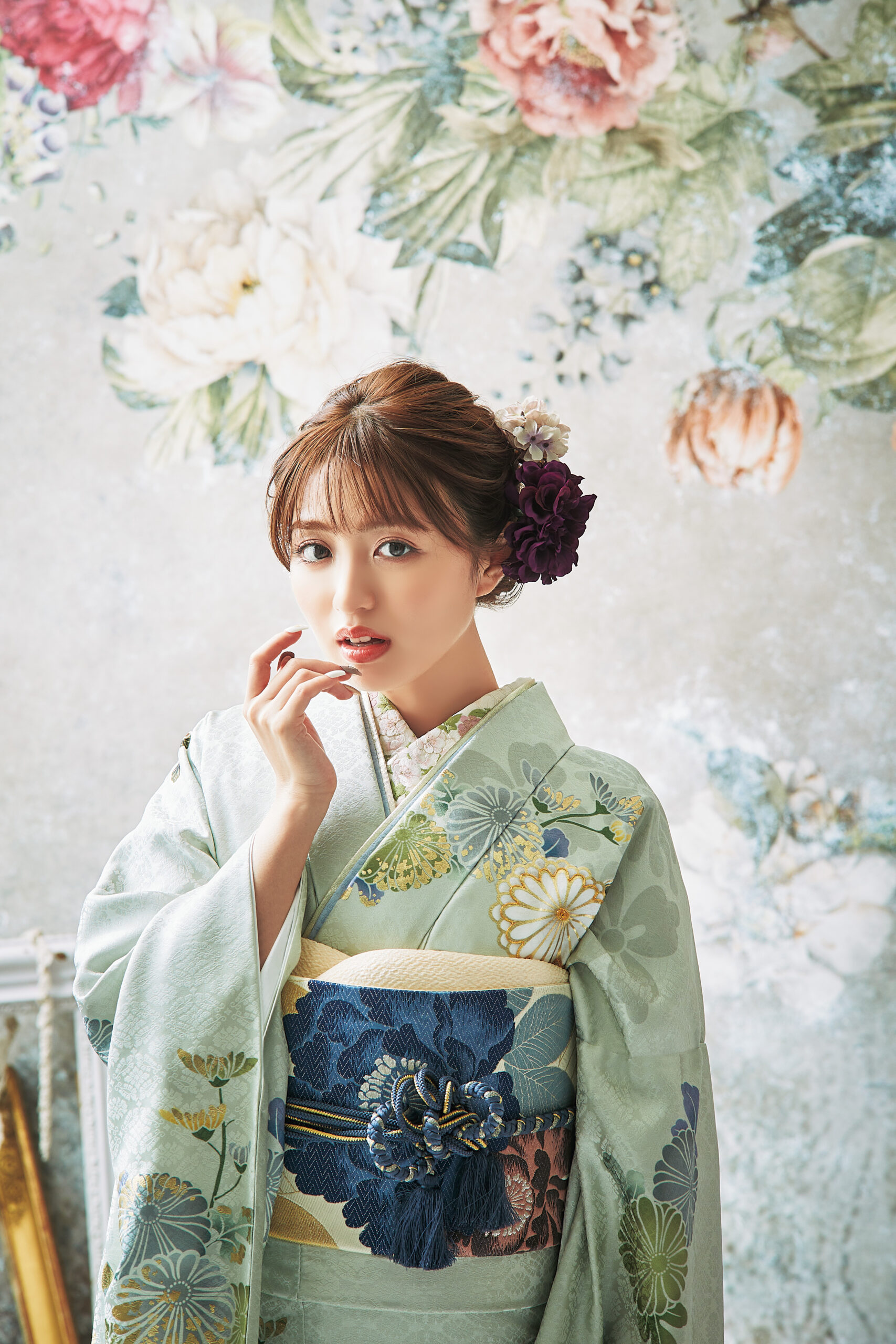 振袖 レンタル 成人式 21点セット レトロ 成人式セット 花 黄緑系 正絹