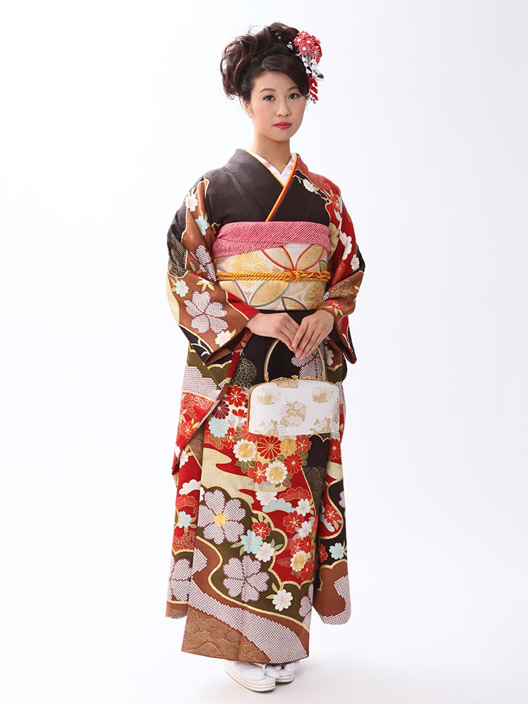 高級振袖レンタル】A-3 花 Lサイズ こげ茶｜KIMONO-PRO（キモノプロ