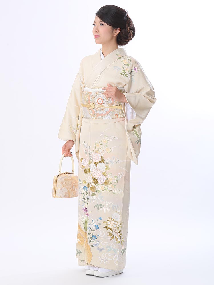 訪問着 ベージュ 花と川の模様 正絹 【公式通販】