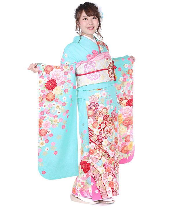 振袖レンタル｜水色にぼかし蝶牡丹｜F0255｜S｜宅配着物レンタル・一式