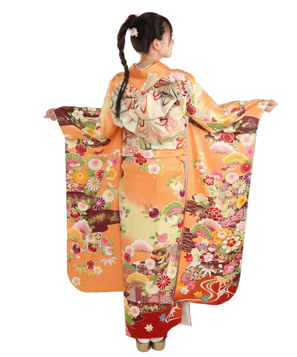 振袖レンタル｜オレンジ地に御所車四季草花｜F0440｜LL｜宅配着物