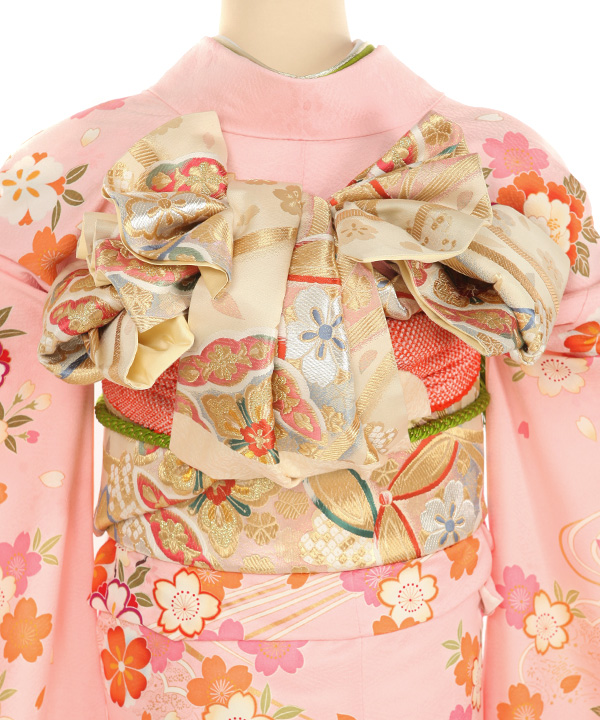 振袖レンタル｜ピンクに花と蝶｜F0461｜L｜宅配着物レンタル・一式フル