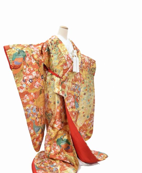 結婚式の色打掛・花嫁用着物|オレンジ地に金の孔雀と桜柄 No.255｜着物
