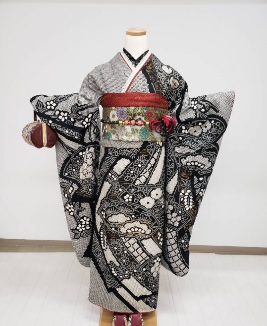 総絞り！◇ 振袖セット ◇165.5cm帯小物付黒白フルセットKS13 総絞り