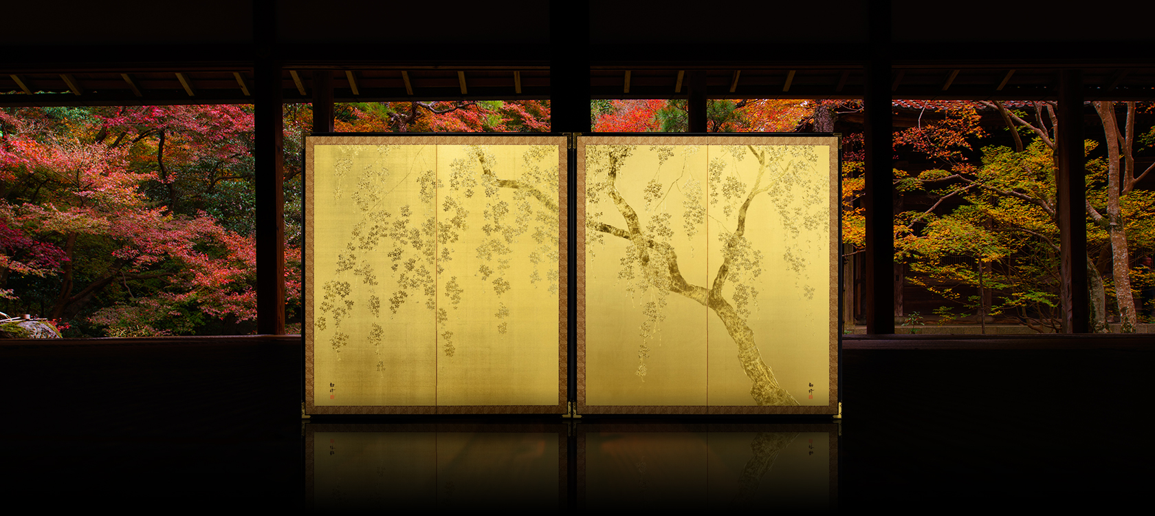 しだれ桜図 屏風(二曲一双屏風) - 金屏風 屏風 の通販(通信販売) KIN