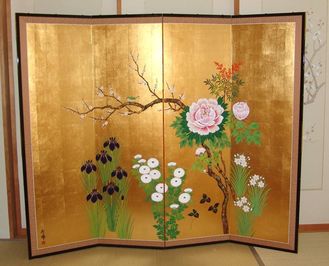 三つ折り四曲屏風 日本画 金箔着色 ケシ花に蝶 三つ折り四曲屏風 日本