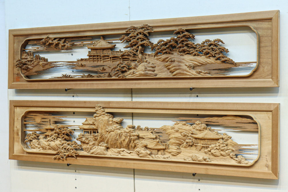 極上‼美しい近江八景が描かれた深彫彫刻欄間 EZ2512ab 在庫(a:0 b:1)枚