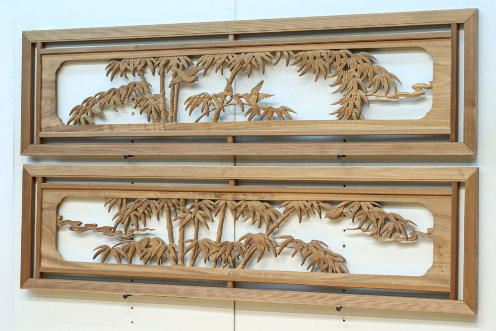 江戸末期一刀彫り高浮彫『人物風景図』 木造彩漆金箔張る 弓欄間