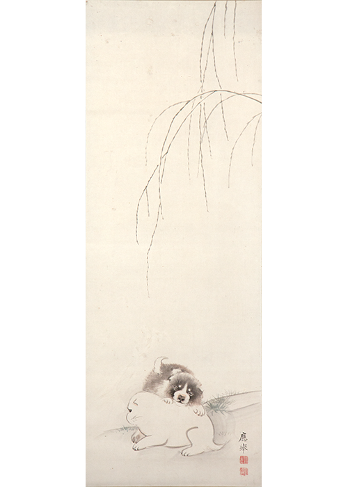 圓山応挙 紙本 彩色画【狗 子 の 図】 肉筆画 掛軸一幅