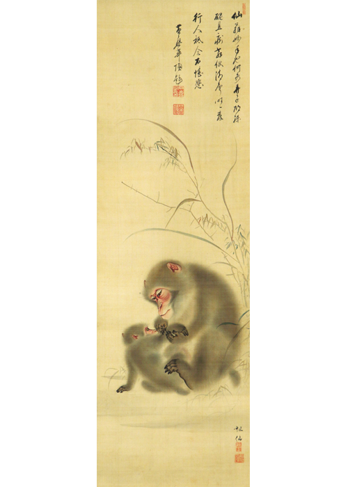 真作/森派の祖/森祖仙/猿画賛/金襴表装/布袋屋掛軸