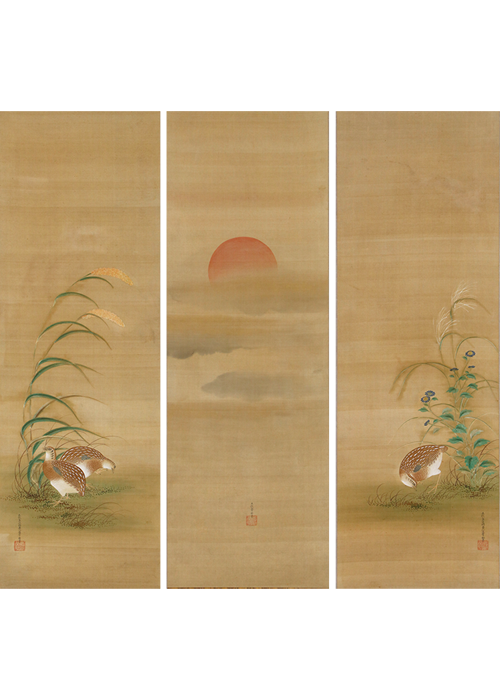 模写】日本画 江戸期 土佐光貞「吉野山・月に雁」絹本 二幅対 掛軸 M893