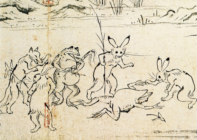 かぶと陶園 高山寺画 花生❄木箱有り 鳥獣戯画 蛙 兎 うさぎ かぶと陶