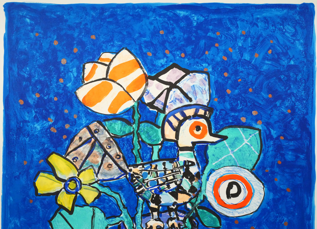 ポール・アイズピリ(Paul AIZPIRI)「青い背景の鳥と花束（極楽鳥